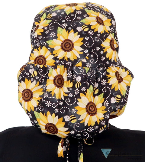 Big Hair Ponytail Surgical Scrub Cap - Perfect Scrub Cap for Long Hair - Sunflowers on Black Big Hair Surgical Scrub