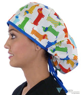 Big Hair Surgical Scrub Cap - Tossed Wiener Dogs with Royal Ties - Big Hair Surgical Scrub Caps - Sparkling EARTH