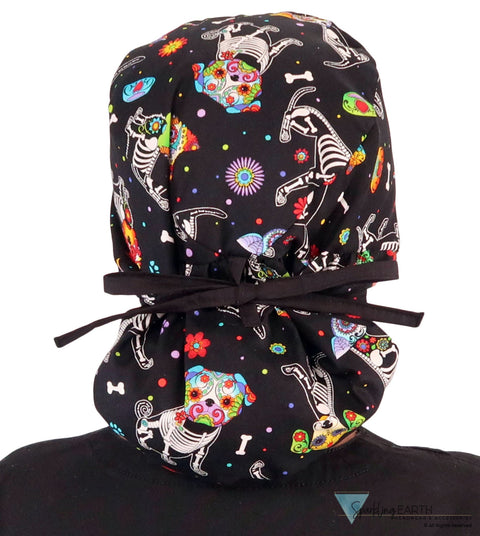 Big Hair Ponytail Surgical Scrub Cap - Perfect Scrub Cap for Long Hair - X - Ray Dogs with Black Ties Big Hair Surgical