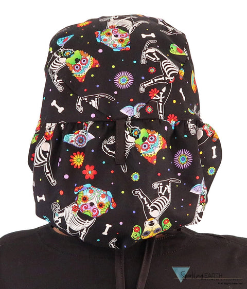 Big Hair Ponytail Surgical Scrub Cap - Perfect Scrub Cap for Long Hair - X - Ray Dogs with Black Ties Big Hair Surgical