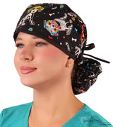Big Hair Ponytail Surgical Scrub Cap - Perfect Scrub Cap for Long Hair - X - Ray Dogs with Black Ties Big Hair Surgical