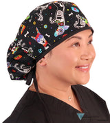 Big Hair Ponytail Surgical Scrub Cap - Perfect Scrub Cap for Long Hair - X - Ray Dogs with Black Ties Big Hair Surgical