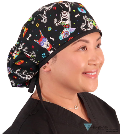 Big Hair Ponytail Surgical Scrub Cap - Perfect Scrub Cap for Long Hair - X - Ray Dogs with Black Ties Big Hair Surgical