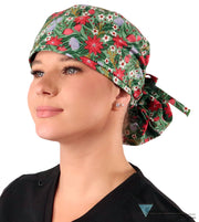 Big Hair Ponytail Surgical Scrub Cap - Poinsettia Party Big Hair Surgical Scrub Caps