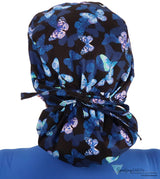 Big Hair Surgical Scrub Cap - Blissful Blue Butterflies Caps