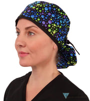 Big Hair Surgical Scrub Cap - Blue, Green & Purple Dots with Black Ties - Big Hair Surgical Scrub Caps - Sparkling EARTH