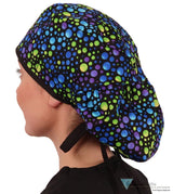 Big Hair Surgical Scrub Cap - Blue, Green & Purple Dots with Black Ties - Big Hair Surgical Scrub Caps - Sparkling EARTH