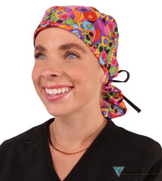 Big Hair Surgical Scrub Cap - Colorful Chaos With Black Ties Caps