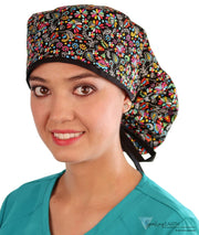 Big Hair Surgical Scrub Cap - Festival Of Flowers With Black Ties Caps