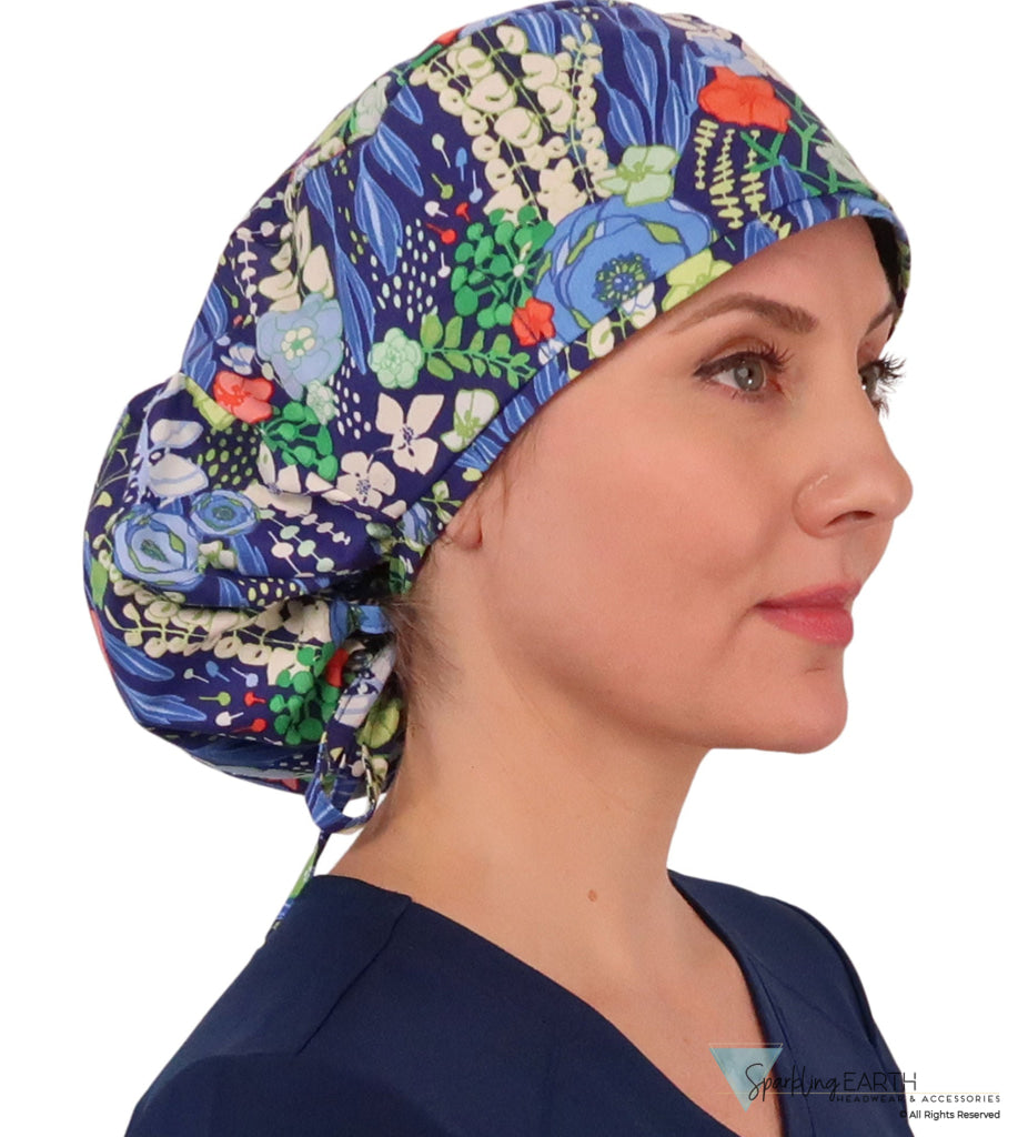 Big Hair Surgical Scrub Cap - Flowing Blue Florals Caps