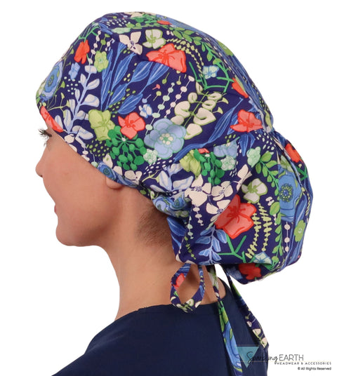 Big Hair Surgical Scrub Cap - Flowing Blue Florals Caps