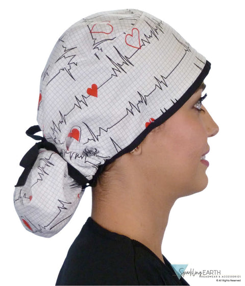 Big Hair Surgical Scrub Cap - Heartbeats On White With Black Ties Caps