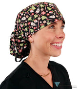 Big Hair Surgical Scrub Cap - Holiday Happiness With Black Ties Caps