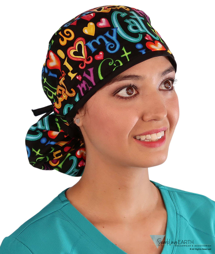 Big Hair Surgical Scrub Cap - I Love My Cat With Black Ties Caps
