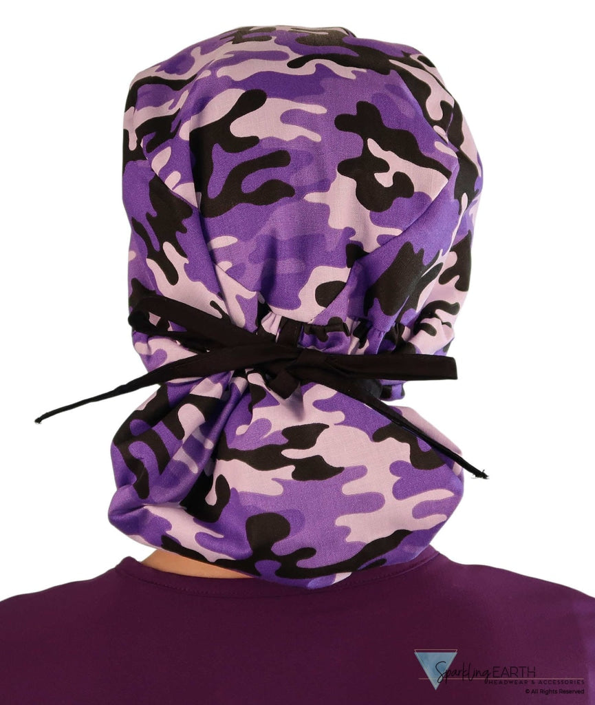 Big Hair Surgical Scrub Cap - Kickin Camo Purple With Black Ties Caps