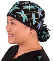 Big Hair Surgical Scrub Cap - Midnight Dragonflies With Black Ties Caps