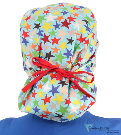 Big Hair Surgical Scrub Cap - Multi Color Stars With Red Ties Caps