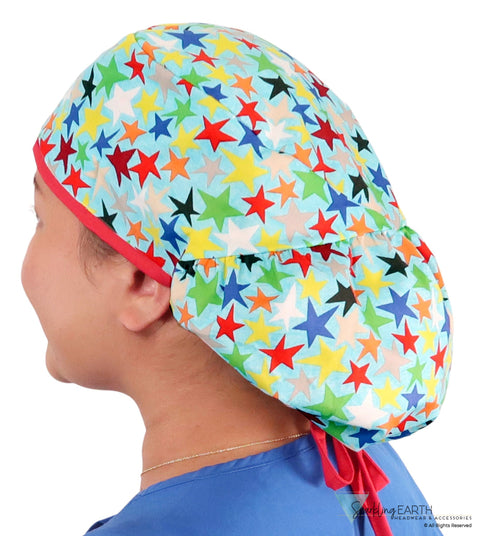 Big Hair Surgical Scrub Cap - Multi Color Stars With Red Ties Caps