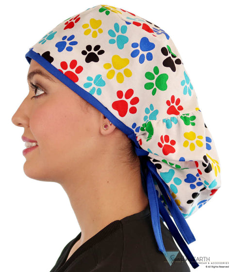 Big Hair Surgical Scrub Cap - Pitter Patter Paws With Royal Ties Caps