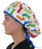 Big Hair Surgical Scrub Cap - Tossed Wiener Dogs with Royal Ties - Sparkling EARTH