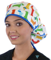 Big Hair Surgical Scrub Cap - Tossed Wiener Dogs with Royal Ties - Sparkling EARTH
