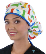 Big Hair Surgical Scrub Cap - Tossed Wiener Dogs With Royal Ties Caps