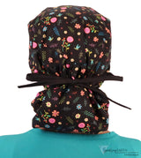 Big Hair Surgical Scrub Cap - Wildflower Wonders With Black Ties Caps