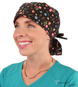 Big Hair Surgical Scrub Cap - Wildflower Wonders With Black Ties Caps