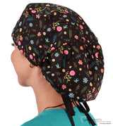 Big Hair Surgical Scrub Cap - Wildflower Wonders With Black Ties Caps