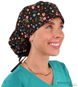 Big Hair Surgical Scrub Cap - Wildflower Wonders With Black Ties Caps