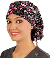 Big Hair Womens Scrub Cap - Pink Ribbon Collage On Black Surgical Caps