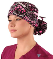Big Hair Women’s Scrub Cap - Pink Ribbon Collage on Black Big Hair Surgical Scrub Caps