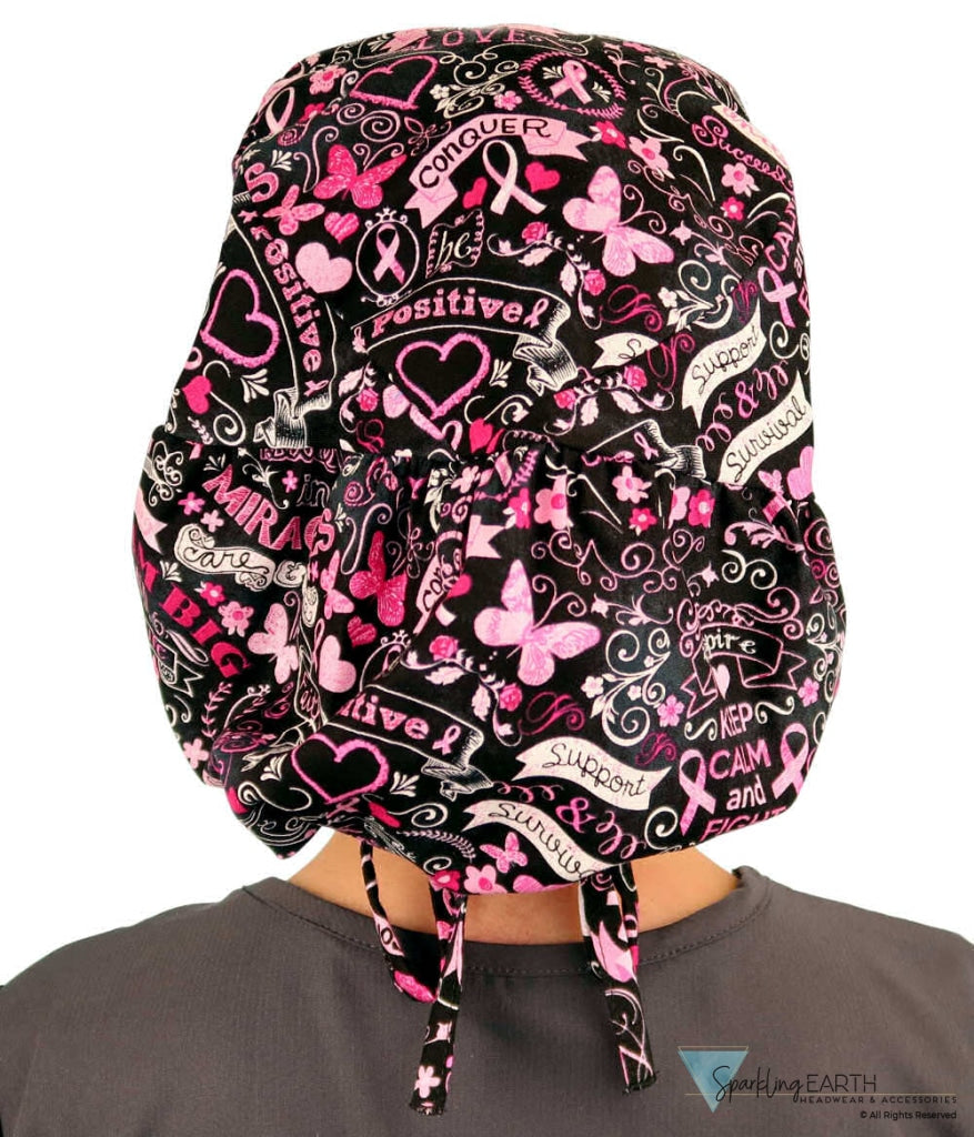 Big Hair Womens Scrub Cap - Pink Ribbon Collage On Black Surgical Caps