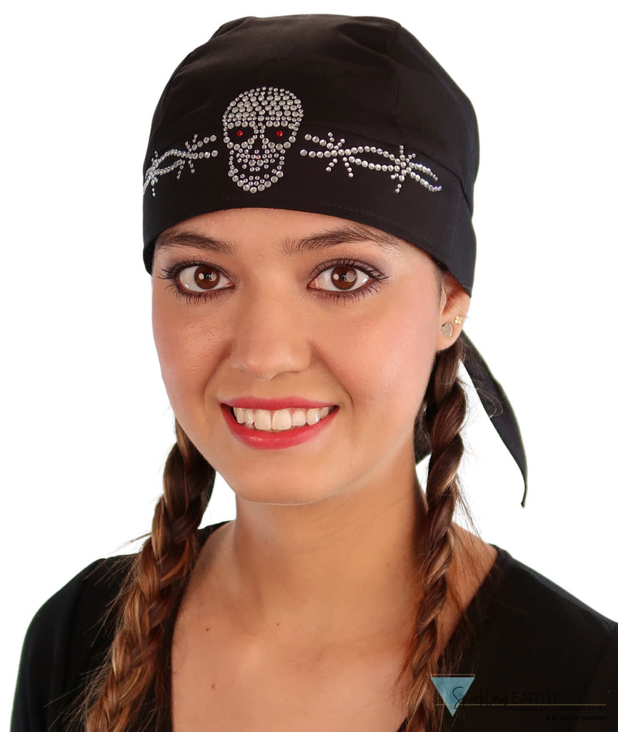 Black Skull Cap with Skull and Barbed Wire Rhinestud Rhinestone Design Classic Skull Caps