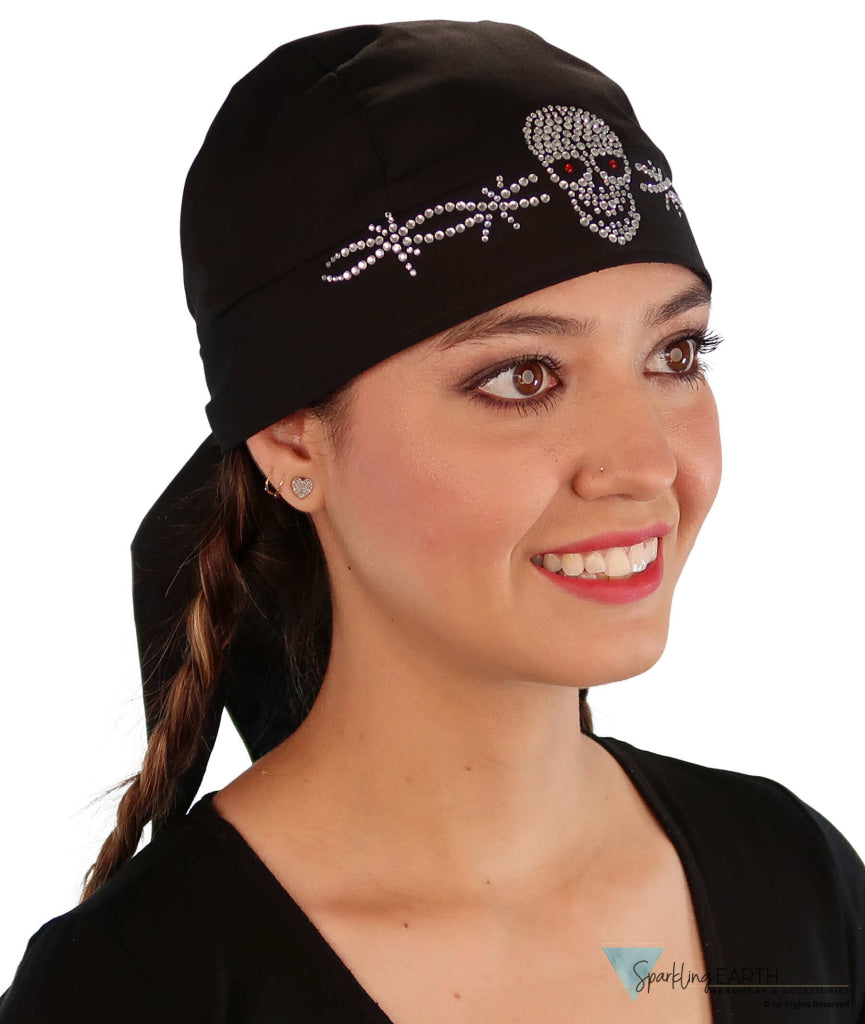 Black Skull Cap with Skull and Barbed Wire Rhinestud Rhinestone Design Classic Skull Caps