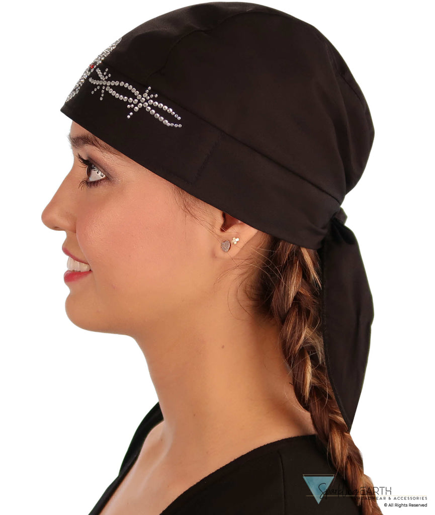 Black Skull Cap with Skull and Barbed Wire Rhinestud Rhinestone Design Classic Skull Caps