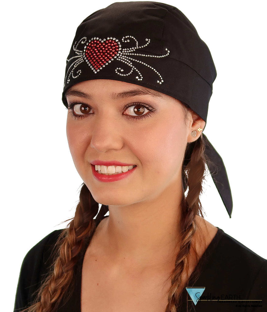Embellished Skull Caps: Stylish and Unique Headwear - Black Skull Cap with Red Heart & Swirls Rhinestud Stone Design