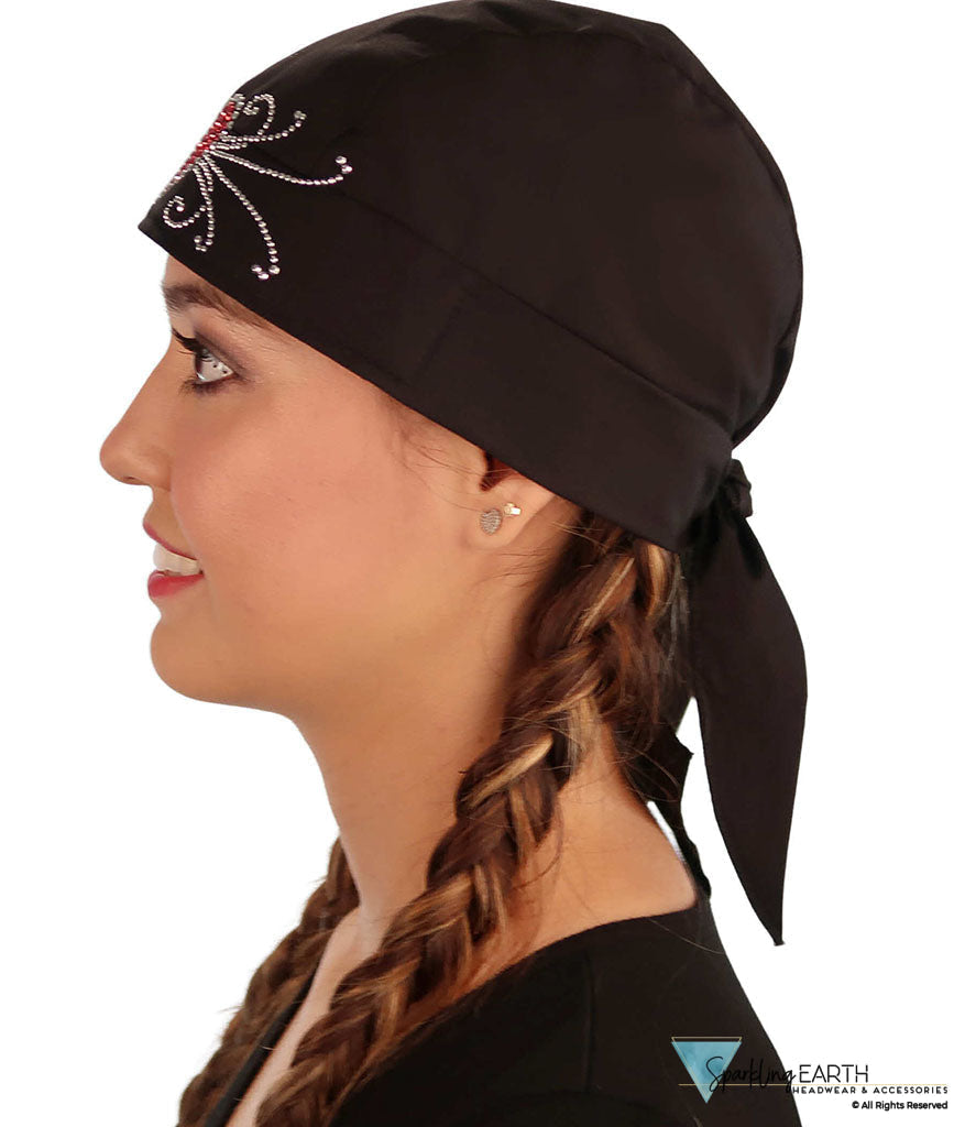 Embellished Skull Caps: Stylish and Unique Headwear - Black Skull Cap with Red Heart & Swirls Rhinestud Stone Design - Classic Skull Caps - Sparkling EARTH