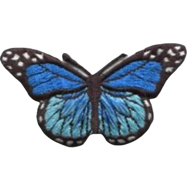Blue butterfly-shaped patch closeup image.