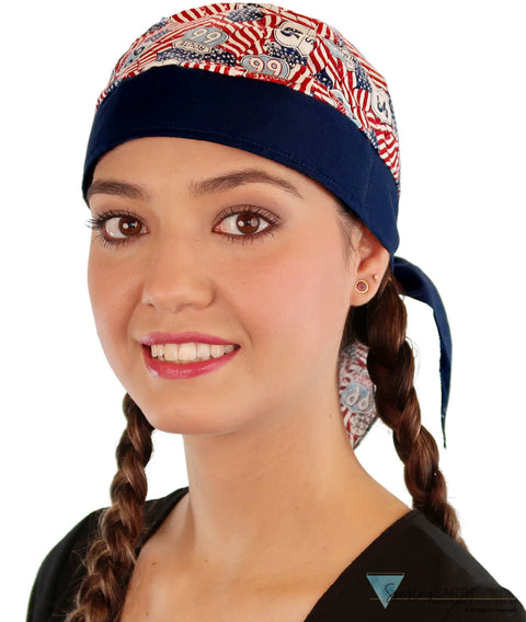 Breathable Cotton Skull Caps - Patriotic Route 66 Flags with Navy Band Classic Skull Caps