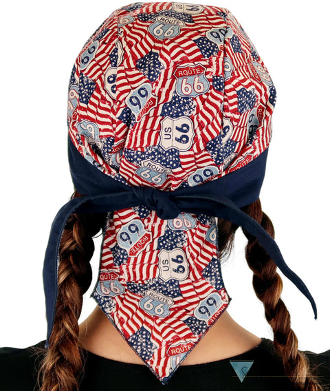 Breathable Cotton Skull Caps - Patriotic Route 66 Flags with Navy Band Classic Skull Caps