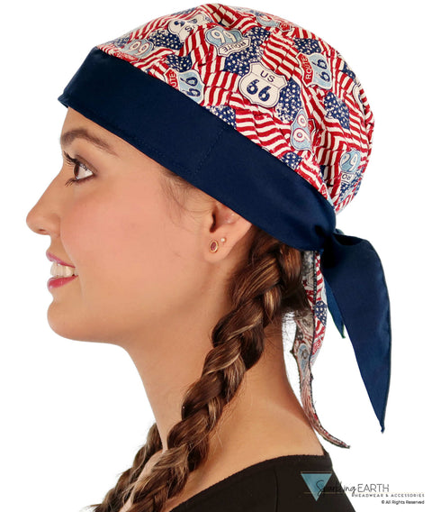 Breathable Cotton Skull Caps - Patriotic Route 66 Flags with Navy Band Classic Skull Caps