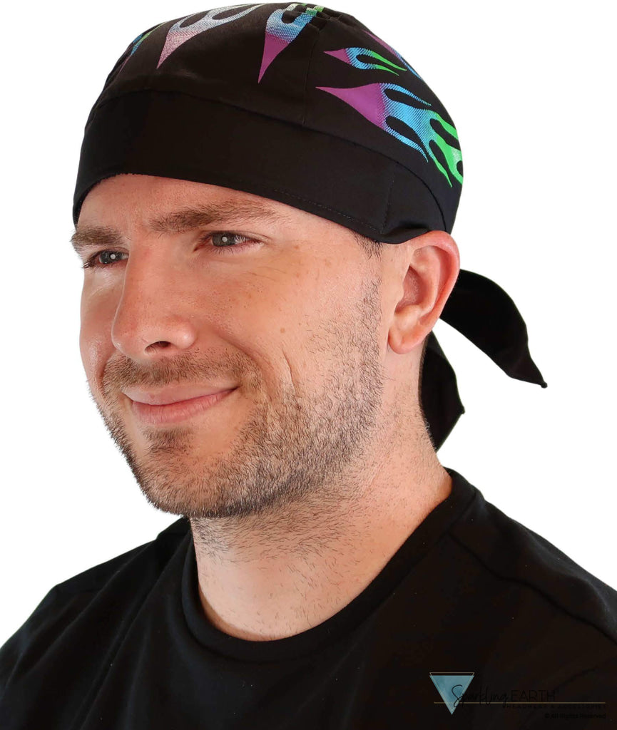 Breathable Cotton Skull Caps - Green and Blue Flames - Classic Skull Caps - Sparkling EARTH