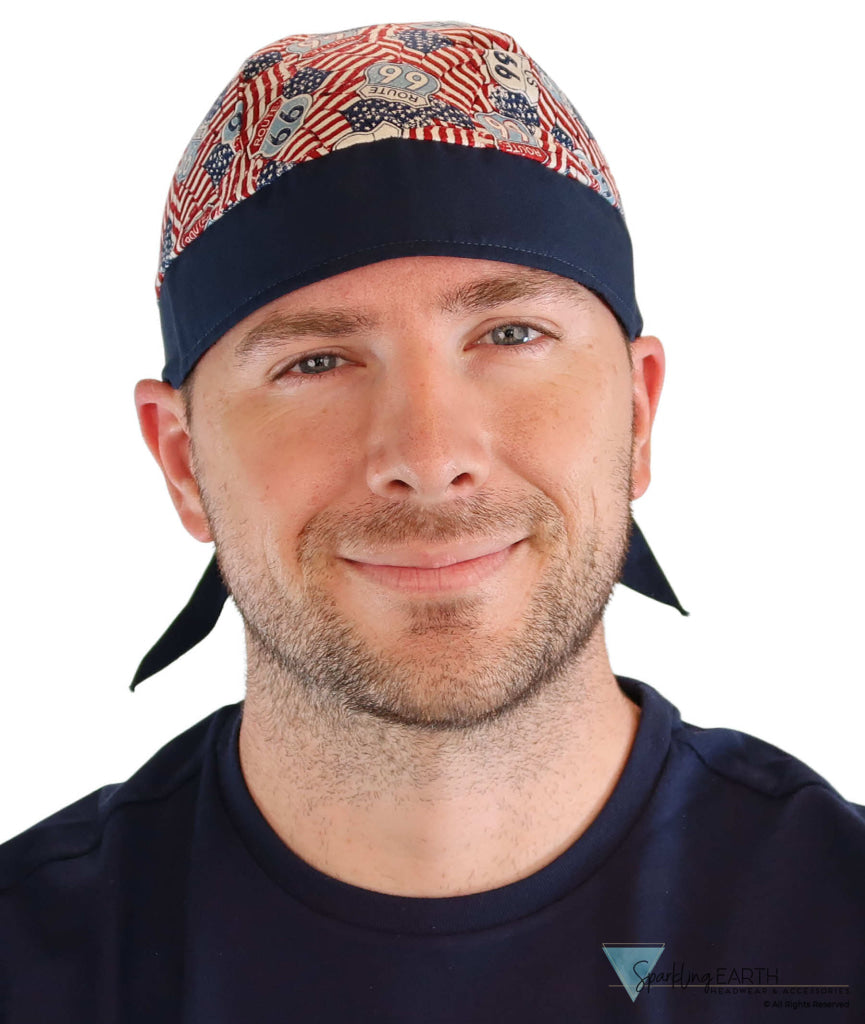 Breathable Cotton Skull Caps: Perfect for Any Activity  - Patriotic Route 66 Flags with Navy Band - Classic Skull Caps - Sparkling EARTH