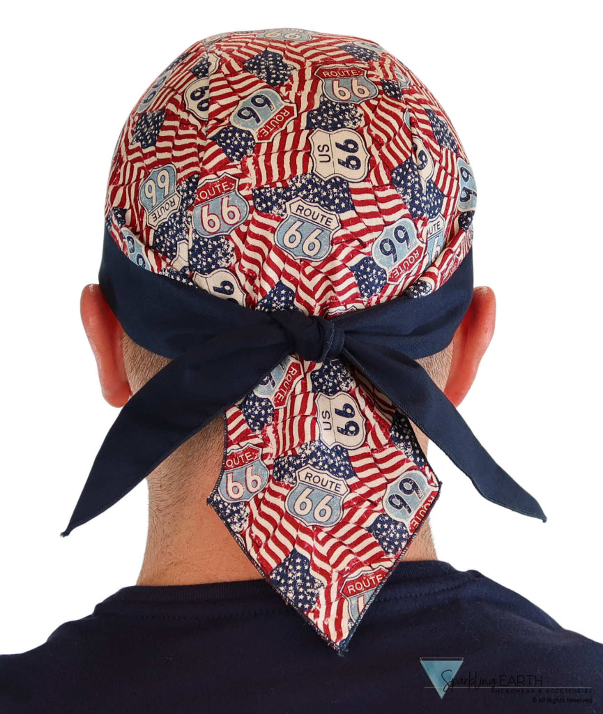 Breathable Cotton Skull Caps: Perfect for Any Activity  - Patriotic Route 66 Flags with Navy Band - Classic Skull Caps - Sparkling EARTH