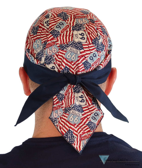 Breathable Cotton Skull Caps: Perfect for Any Activity  - Patriotic Route 66 Flags with Navy Band - Classic Skull Caps - Sparkling EARTH