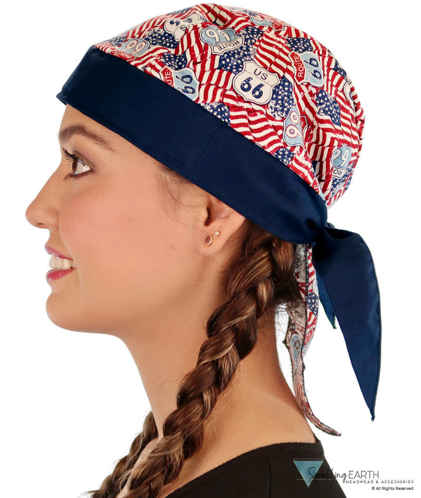 Breathable Cotton Skull Caps: Perfect for Any Activity  - Patriotic Route 66 Flags with Navy Band - Classic Skull Caps - Sparkling EARTH