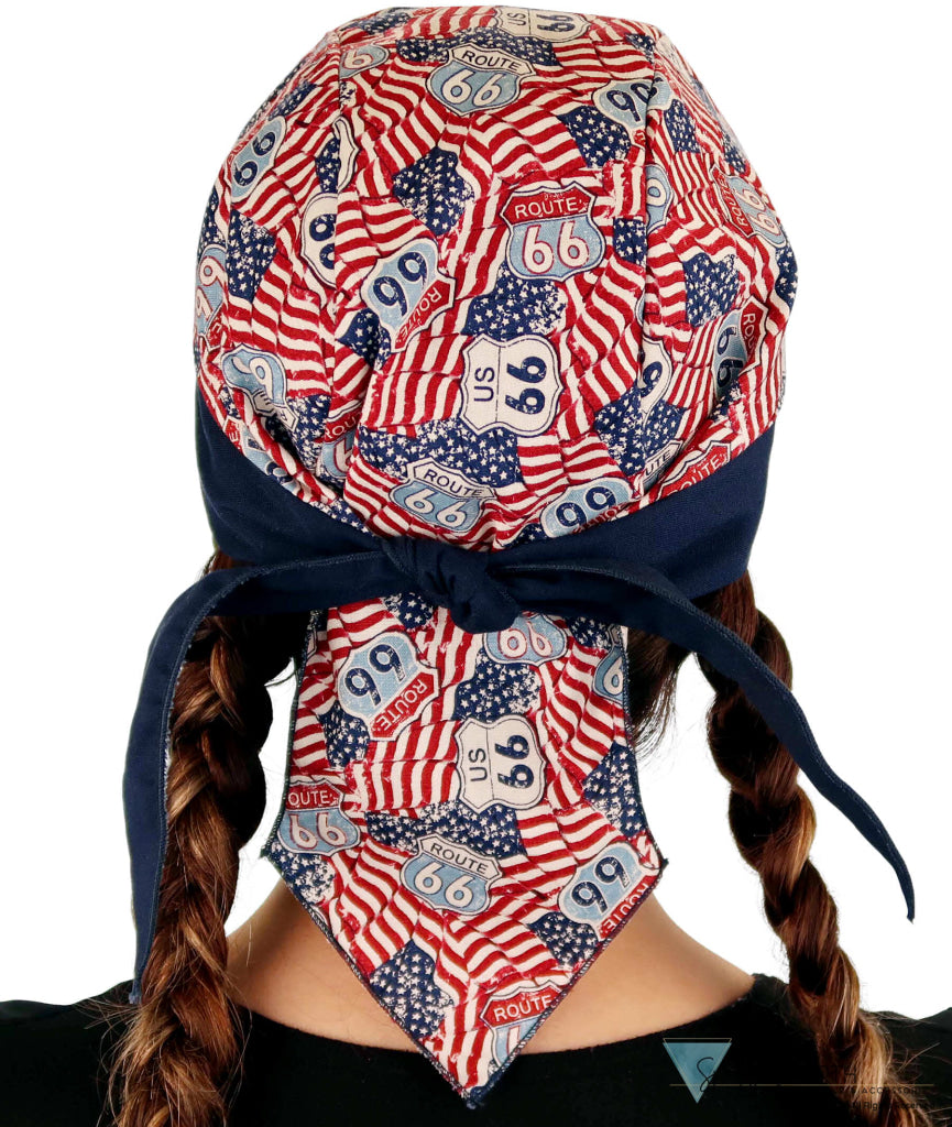 Breathable Cotton Skull Caps: Perfect for Any Activity  - Patriotic Route 66 Flags with Navy Band - Classic Skull Caps - Sparkling EARTH