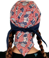 Breathable Cotton Skull Caps: Perfect for Any Activity  - Patriotic Route 66 Flags with Navy Band - Classic Skull Caps - Sparkling EARTH