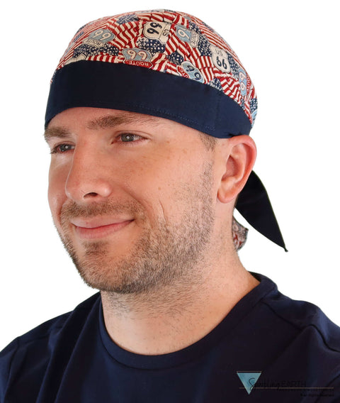 Breathable Cotton Skull Caps: Perfect for Any Activity  - Patriotic Route 66 Flags with Navy Band - Classic Skull Caps - Sparkling EARTH